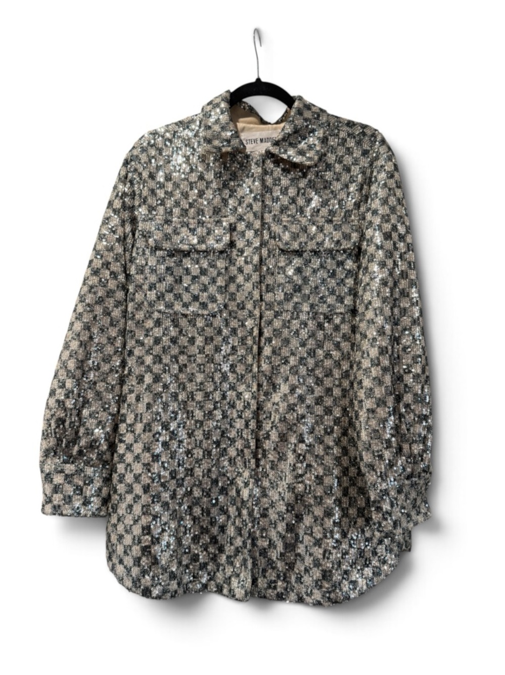 Steve Madden Blue and Cream Checked Sequin Button-Down Shirt